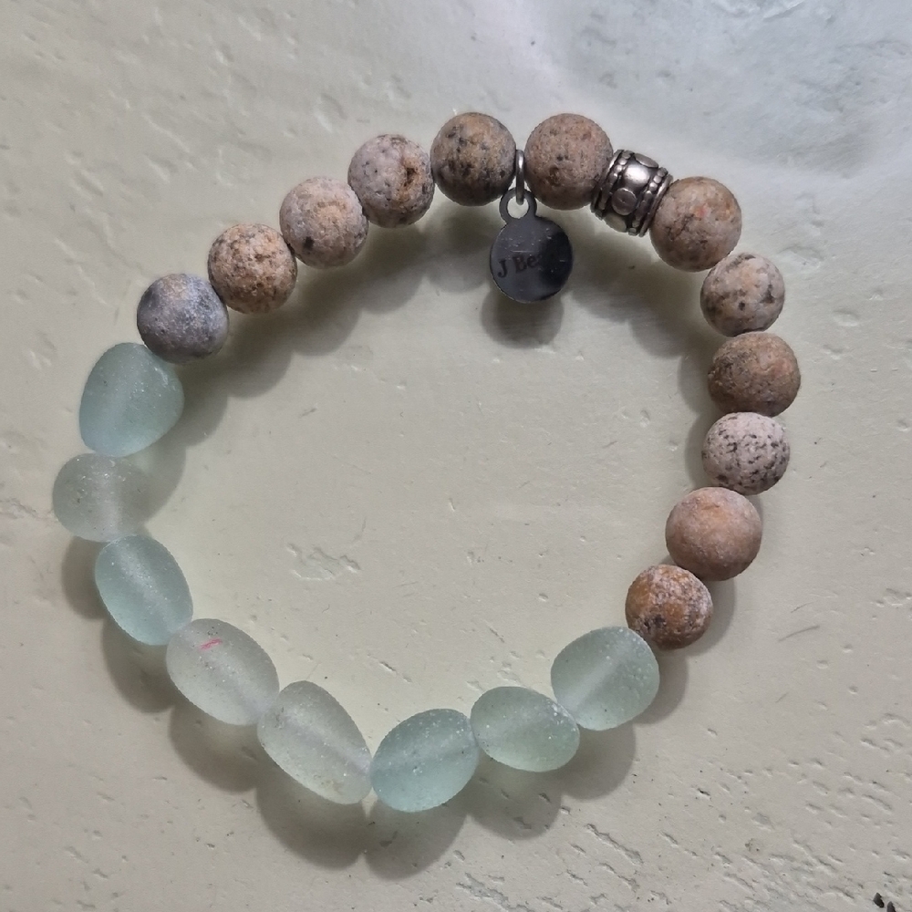 Natural Stone Sea Glass Jasper Stretch Beaded Boho Bracelet